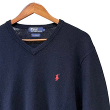 画像をギャラリービューアに読み込む, Polo by Ralph Lauren ポロバイラルフローレン ポニー刺繍Vネックニット L ネイビー 15416