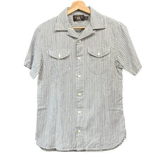 画像をギャラリービューアに読み込む, RRL ダブルアールエル コットンリネンオープンカラーストライプ半袖シャツ XS ブルー 15100