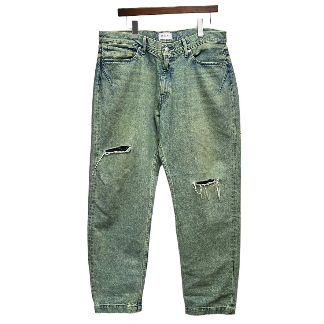 TANAKA タナカ THE SKATE JEAN TROUSERS クラッシュ加工ワイドテーパードデニムパンツ ST-134 BLEACH GREEN