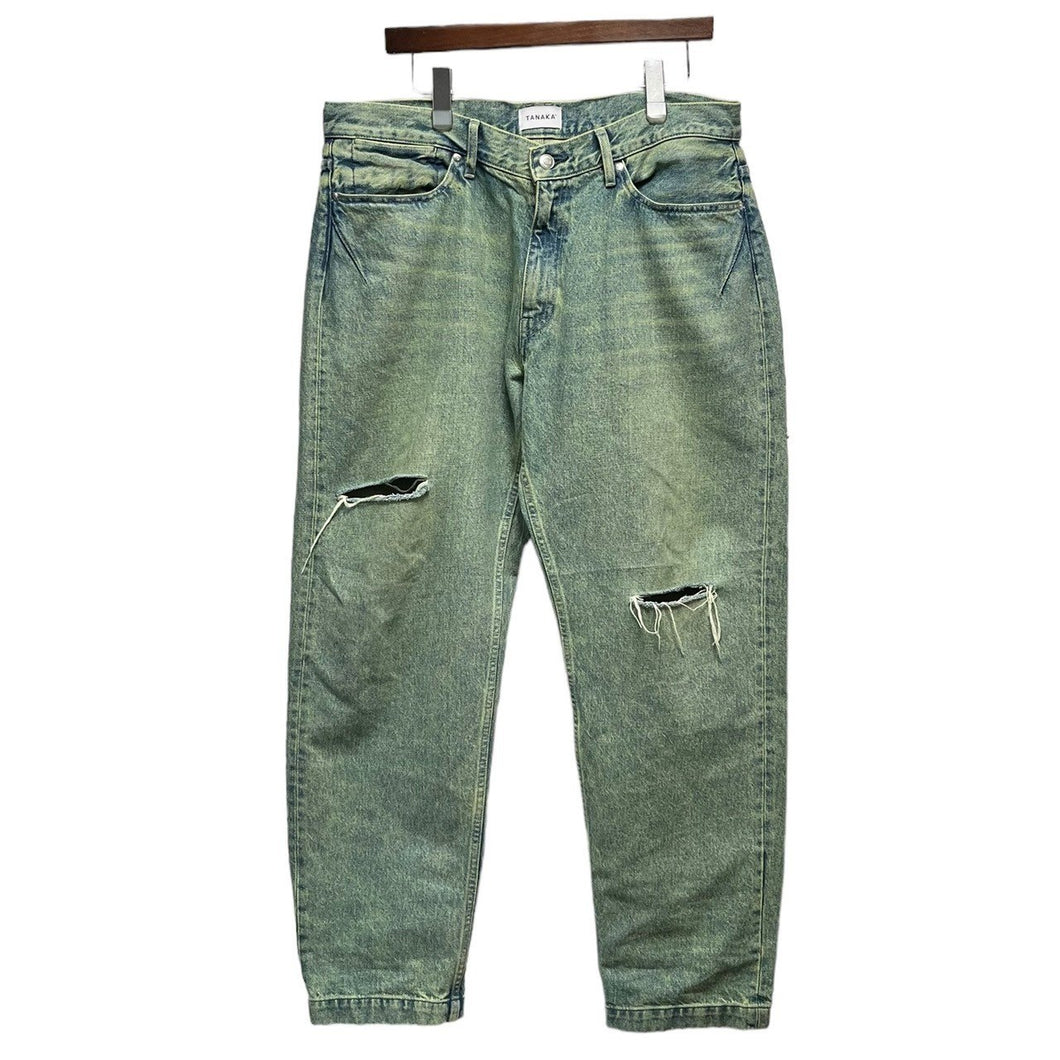 TANAKA タナカ THE SKATE JEAN TROUSERS クラッシュ加工ワイドテーパードデニムパンツ ST-134 BLEACH GREEN 33 グリーン 3495