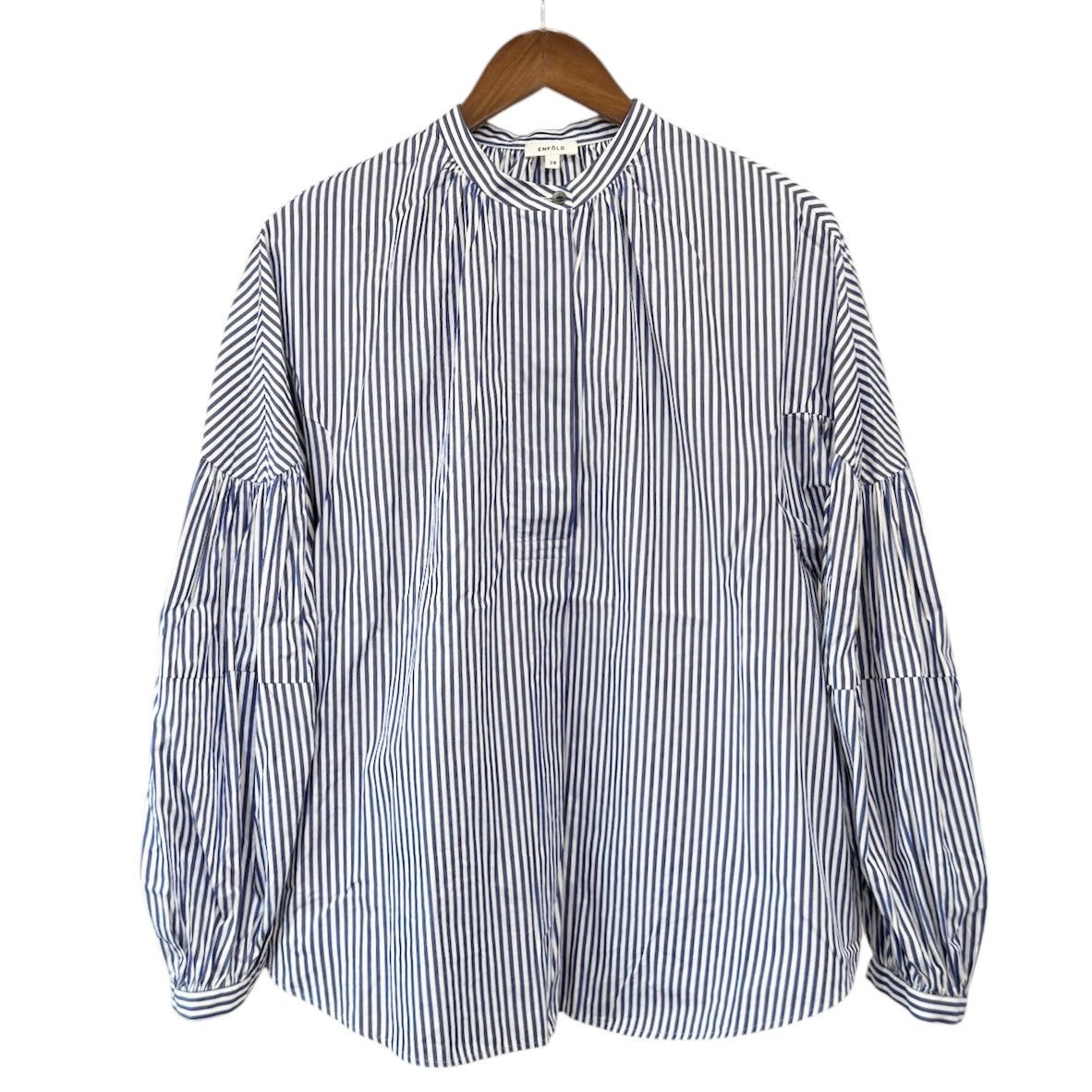 ENFOLD エンフォルド 23AW VOLUME ARM BLOUSE ストライプボリュームアーム売れ筋商品|||シャツ 300GA230-2110 38 ブルー R14650 ENFOLD エンフォルド 23AW VOLUME ARM BLOUSE ストライプ