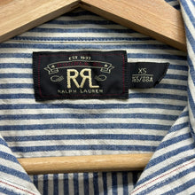 画像をギャラリービューアに読み込む, RRL ダブルアールエル コットンリネンオープンカラーストライプ半袖シャツ XS ブルー 15100
